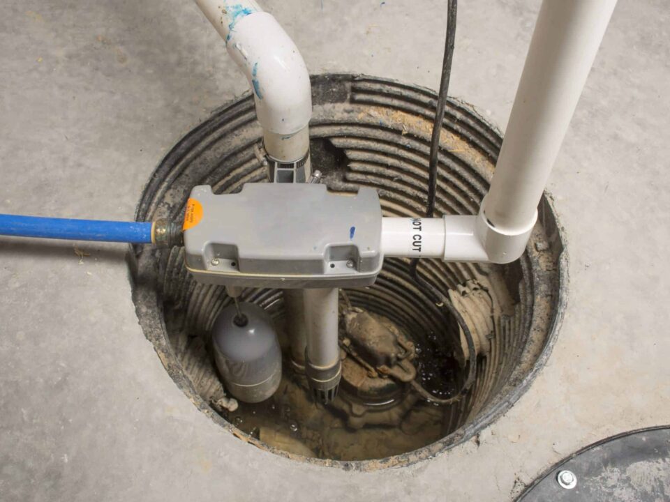 A sump pump installed in a basement of a home with a water powered backup system.